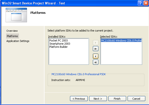 Select the MC2100c60 SDK as the project platform in Visual Studio